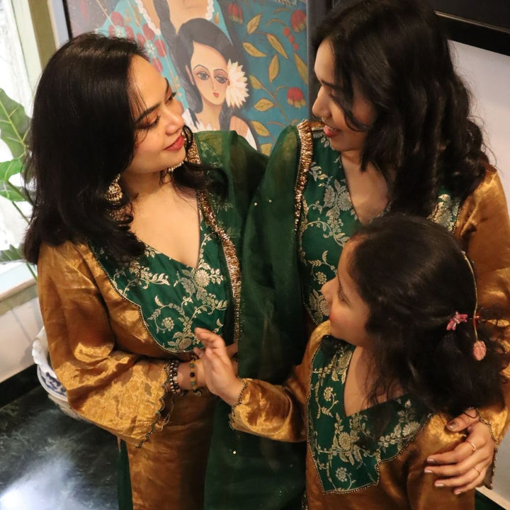 Golden tissue kurta with emerald farshi salwar for Hyderabad wedding
