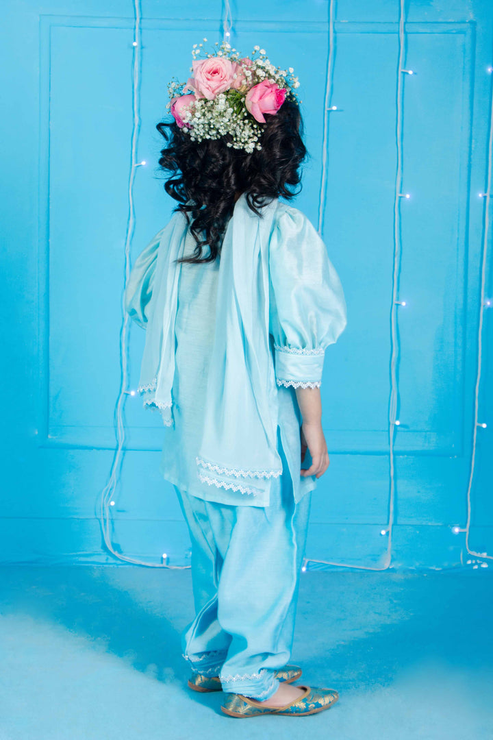 Designer hand-embellished sky blue suit salwar for girls for sangeet in Mumbai