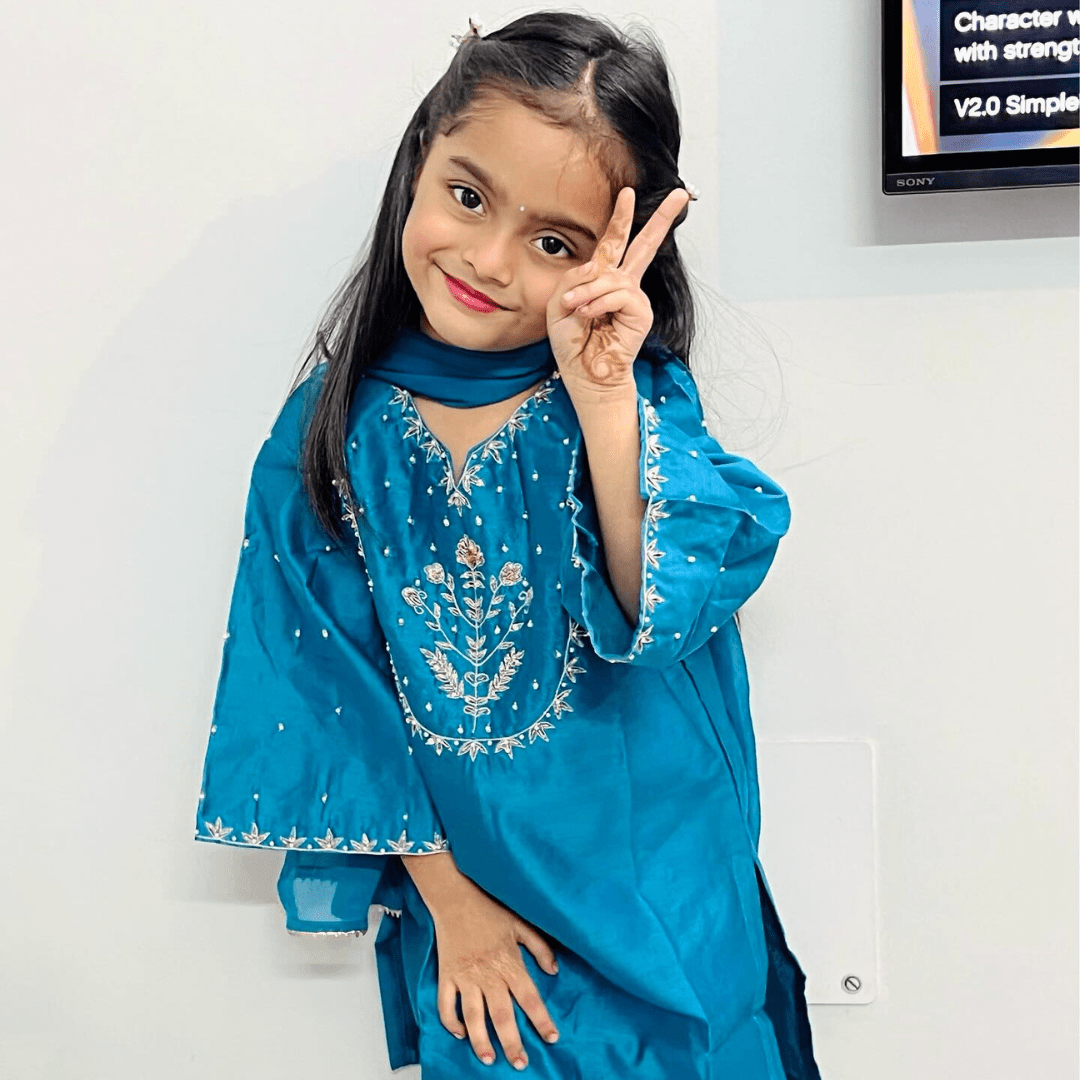 Designer hand-embroidered Evaah Blue ethnic suit for girls for reception in South Bombay