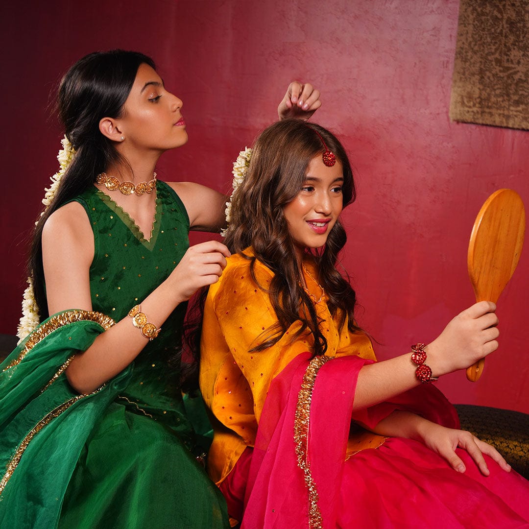 Klistel Jugnu green sharara three-quarter view – festive ethnic kidswear ages 1-14 for weddings, Chennai Nungambakkam