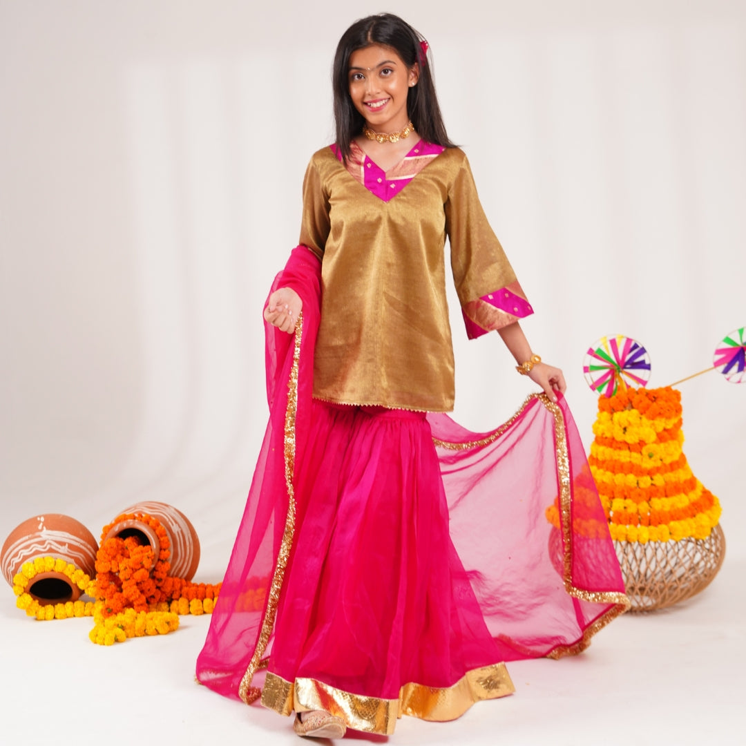 Pink organza sharara with golden lace dupatta girls ethnic wear for weddings and pooja