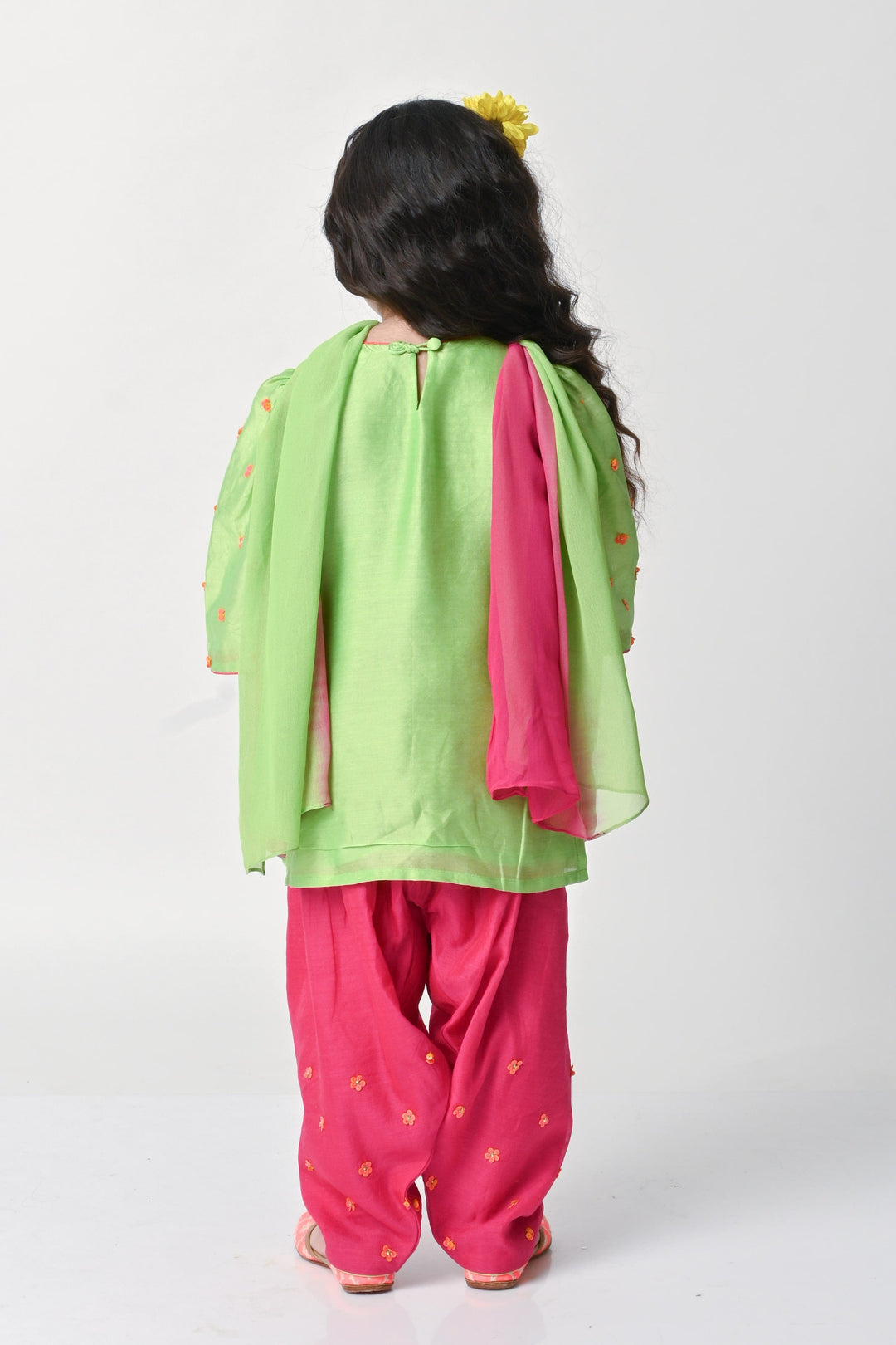 Designer kids parrot green and pink salwar set festive wedding outfit UAE Hyderabad