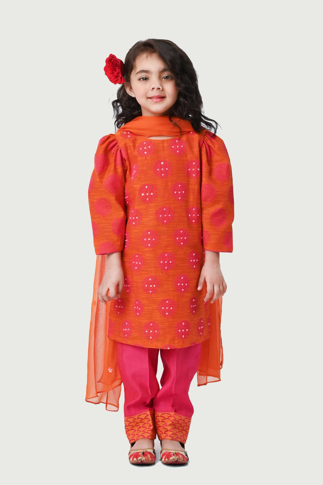 Designer orange embroidered salwar suit for girls for sangeet in Hyderabad