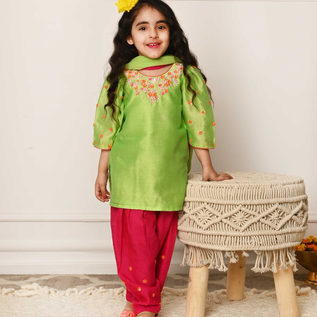 Designer parrot green and fuchsia pink salwar suit for girls festive wedding wear Hyderabad UAE