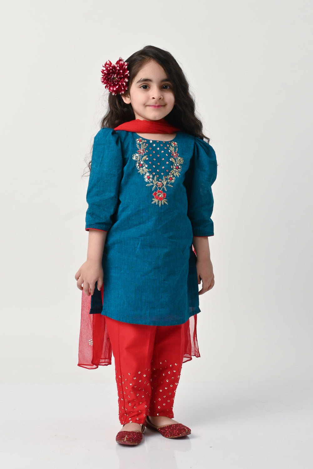 Designer peacock blue and red ethnic salwar suit for girls in South Delhi