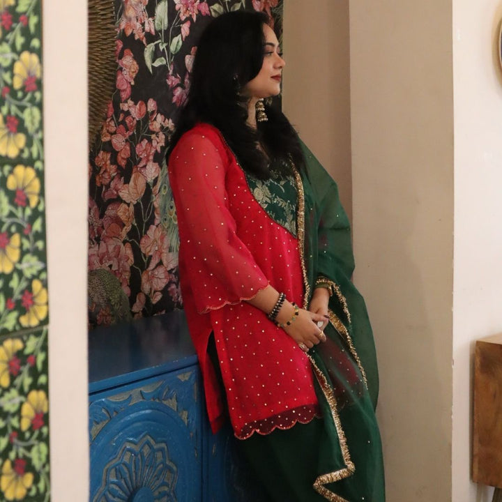 Telangana wedding couture pink and green twinning outfit