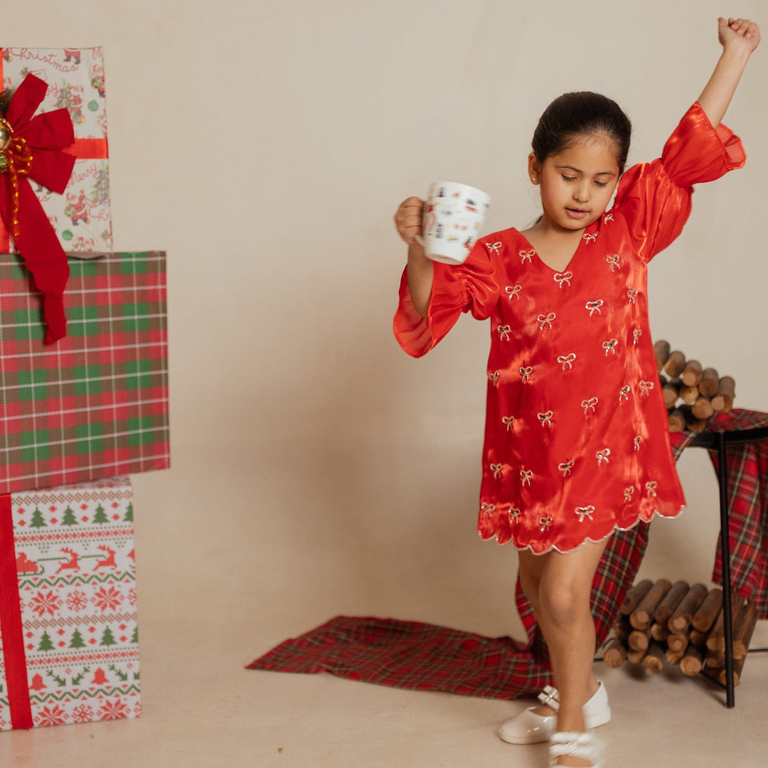 Designer red Christmas tunic for girls for festive wear in Singapore