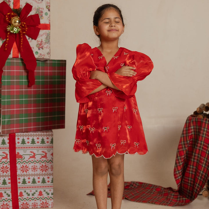 Designer red tunic for girls with hand embroidery for Christmas in Gurgaon