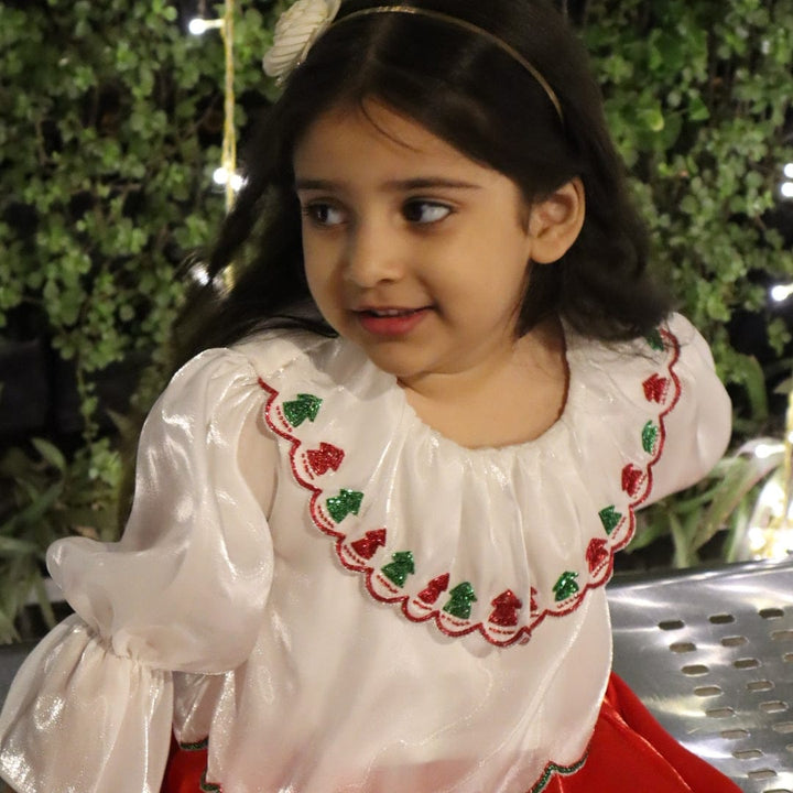 Designer white embroidered top for girls for Christmas in Dubai