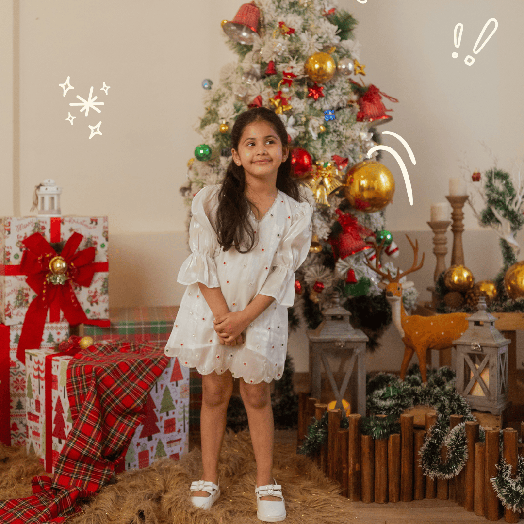 Luxury white embroidered tunic for girls for Christmas celebrations in Gurgaon