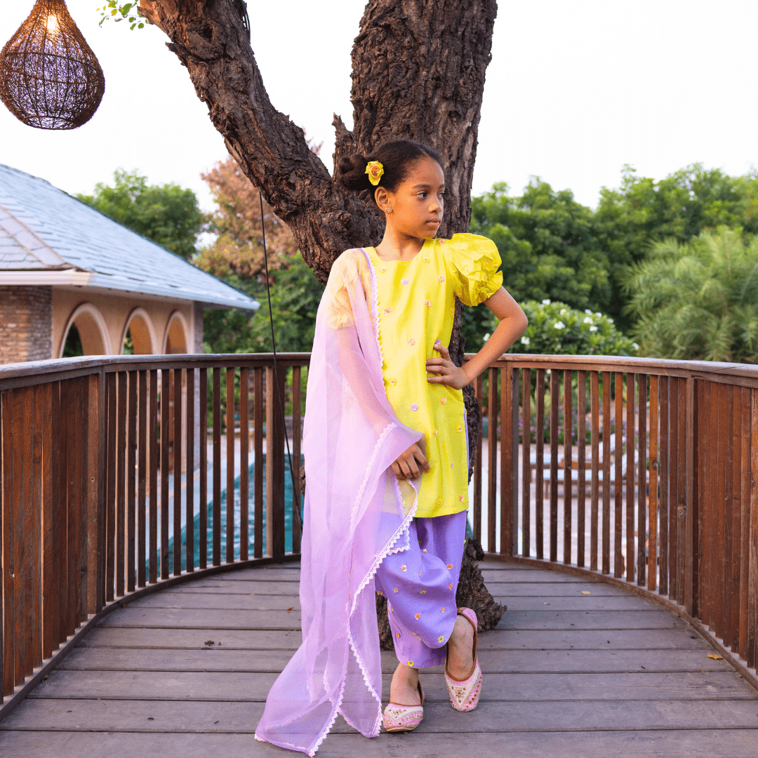 Designer yellow and lilac salwar suit for girls festive wedding wear Hyderabad UAE