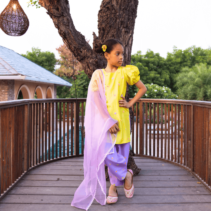 Designer yellow and lilac salwar suit for girls festive wedding wear Hyderabad UAE