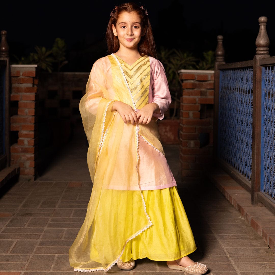 Designer yellow kids sharara dress – luxury ethnic fashion for weddings in Delhi and UAE.