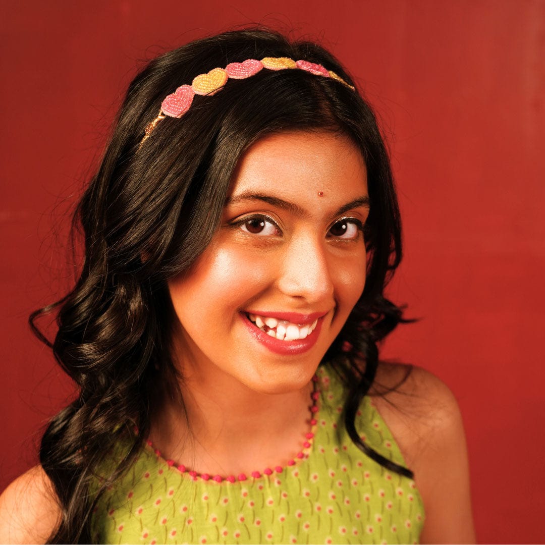 Adjustable girls’ ethnic headband with beads and green-pink tones for sharara outfits