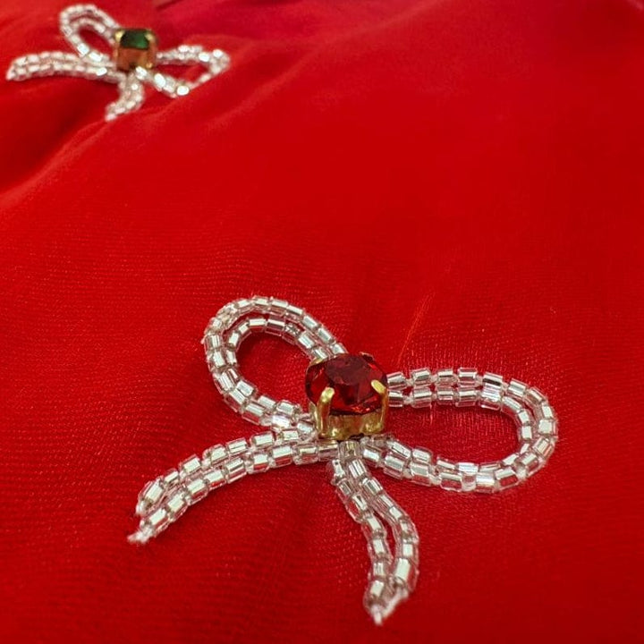 Red christmas frock  with decorative bows and gemstones for girls