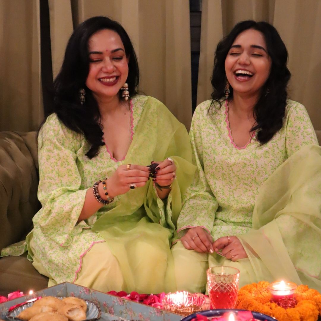 Luxury parrot green cotton ethnic twinning outfit for Mumbai festive brunch