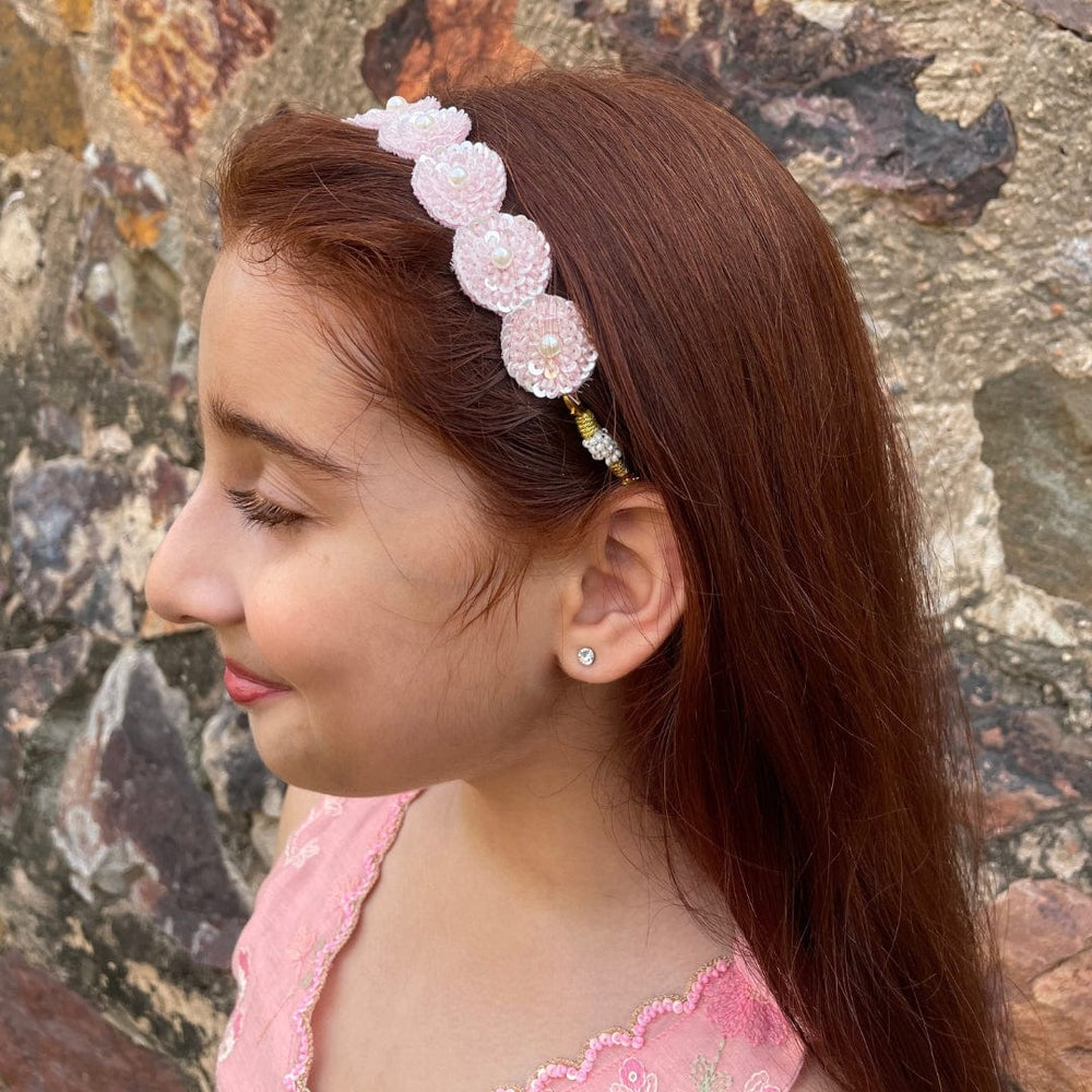Girls handmade pink pearl and sequin head accessory, perfect for Diwali and wedding functions.