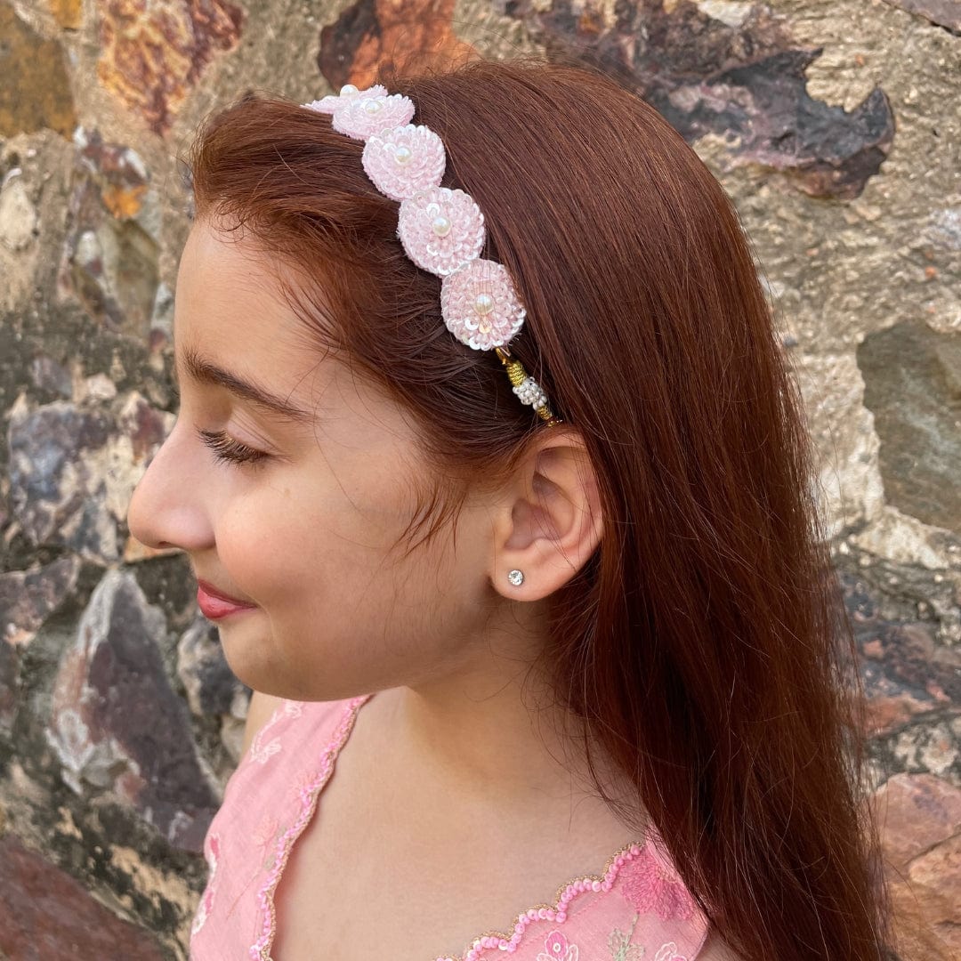 Girls handmade pink pearl and sequin head accessory, perfect for Diwali and wedding functions.