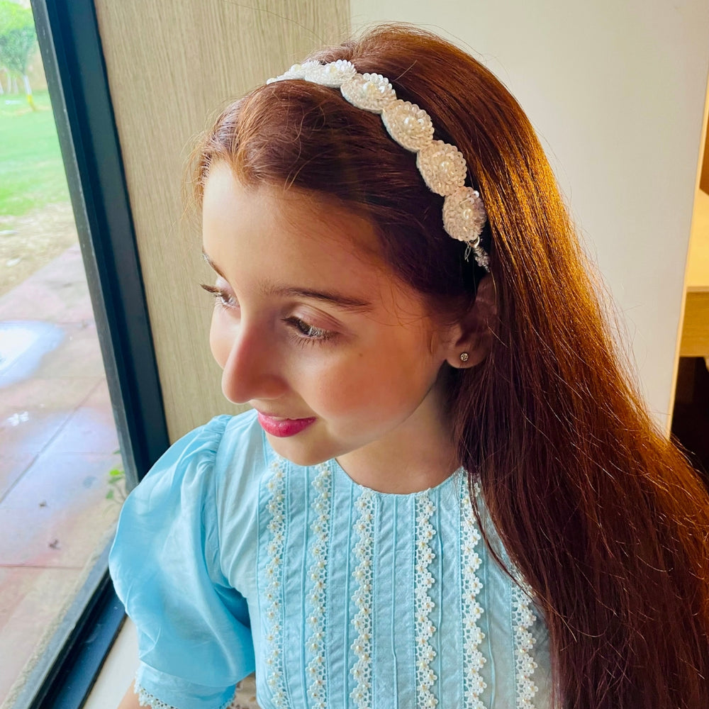 Sky blue and pearl embellished head accessory for girls, adjustable design for mehendi, haldi, and birthday parties.
