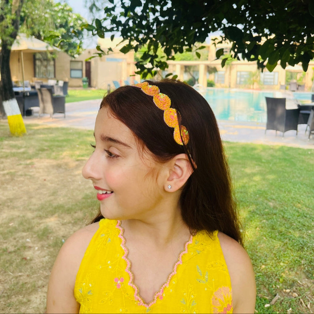 Handmade yellow-orange sequin hair accessory, multipurpose ethnic wear for girls in Bangalore Indiranagar.