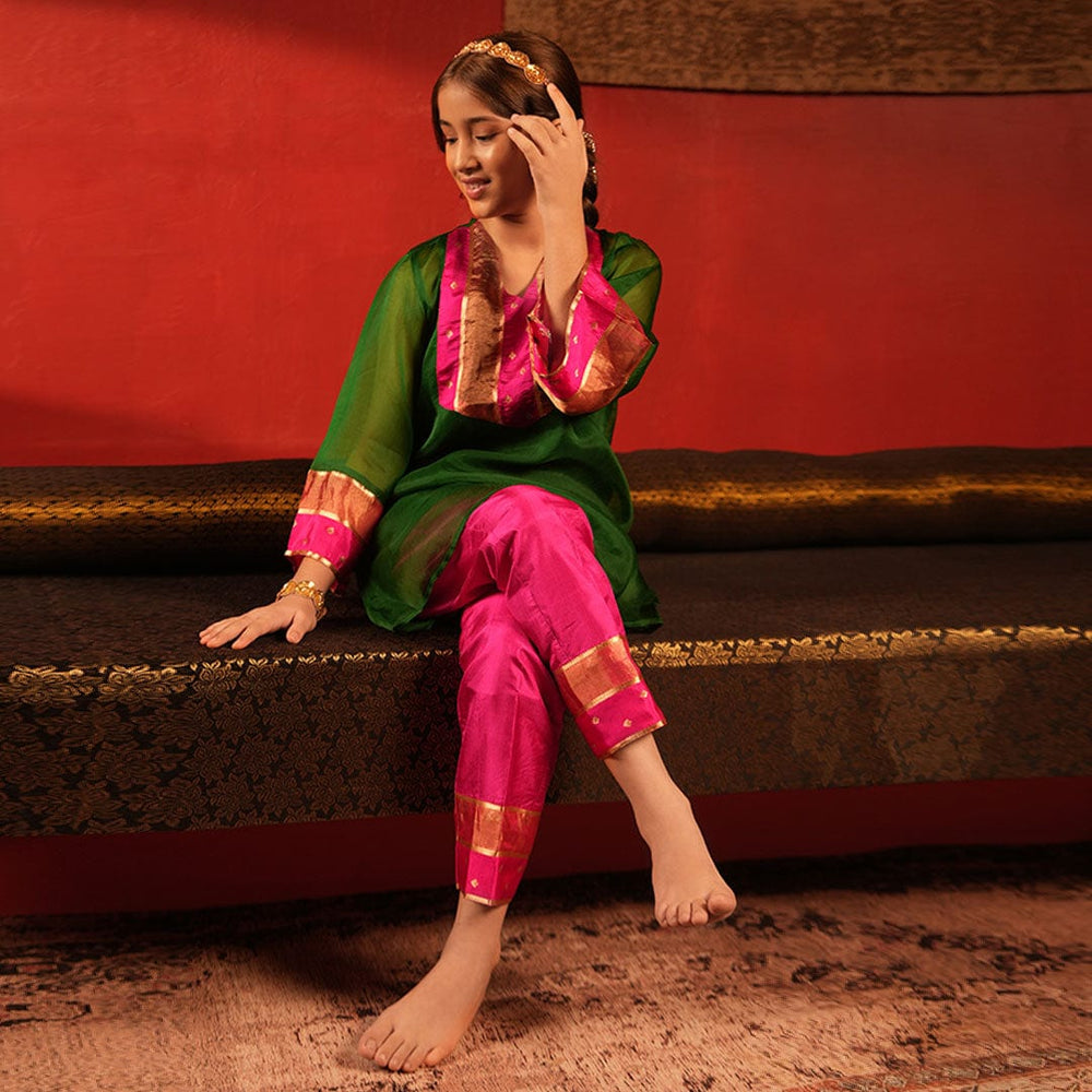 Designer emerald kurti with brocade yoke festive kids ethnic wear Hyderabad couture