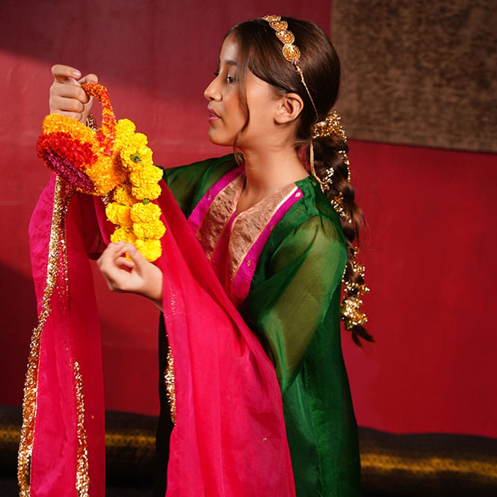 Festive emerald kurti with organza dupatta luxury kids couture Hyderabad weddings