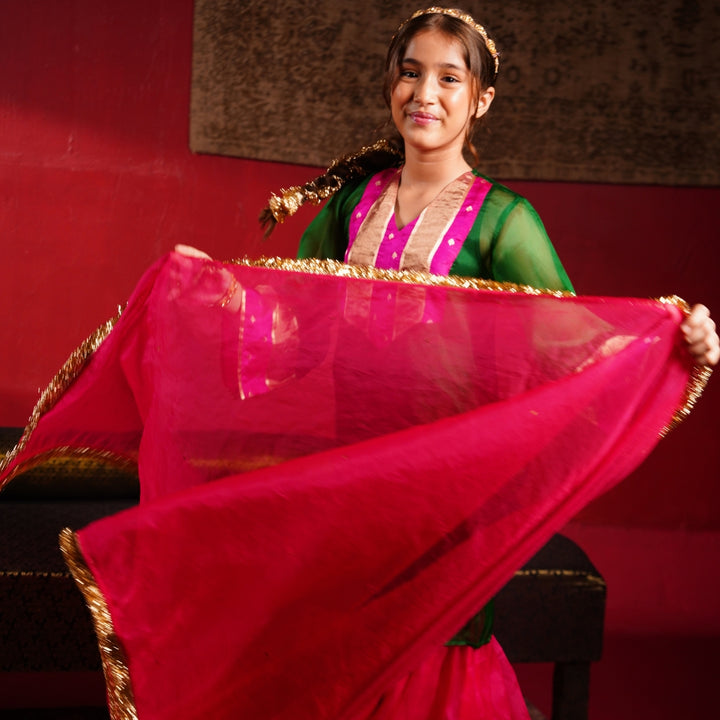 Girls ethnic wear emerald sharara golden handwork organza dupatta Hyderabad wedding
