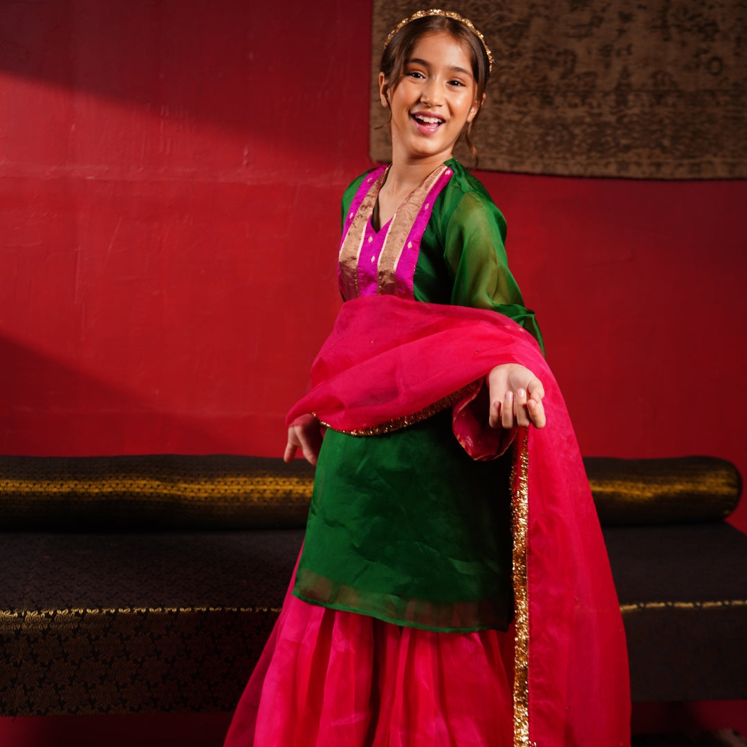 Luxury emerald green kurti sharara set with scallop hemline festive outfit Gurgaon Magnolias