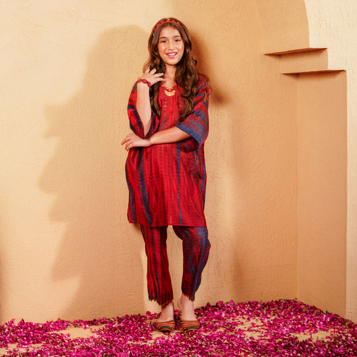 Girls ethnic kaftan for Dussehra and Navratri in deep maroon indigo with golden scallop work