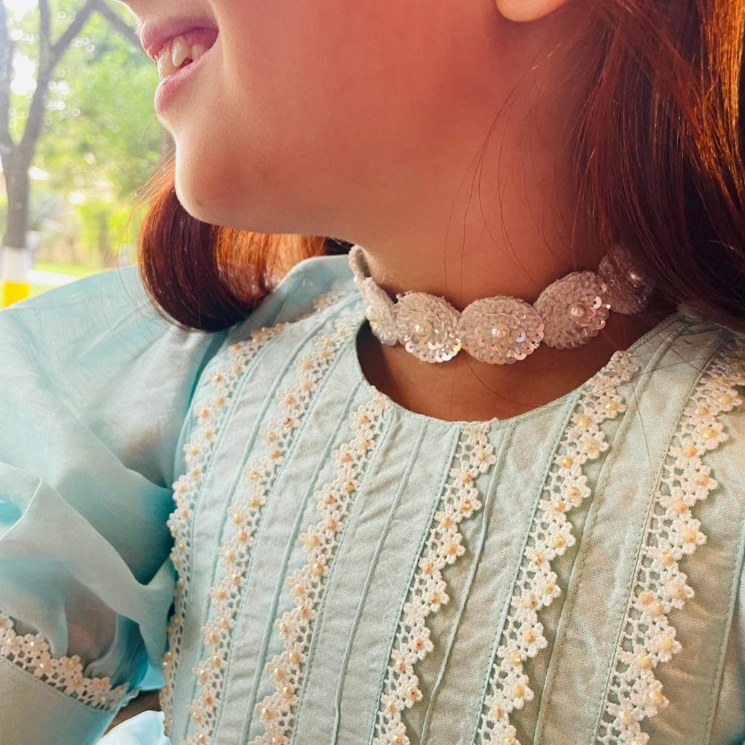 Handcrafted sky blue white choker for girls, perfect festive accessory for sharara suits, lehengas, and salwar sets.
