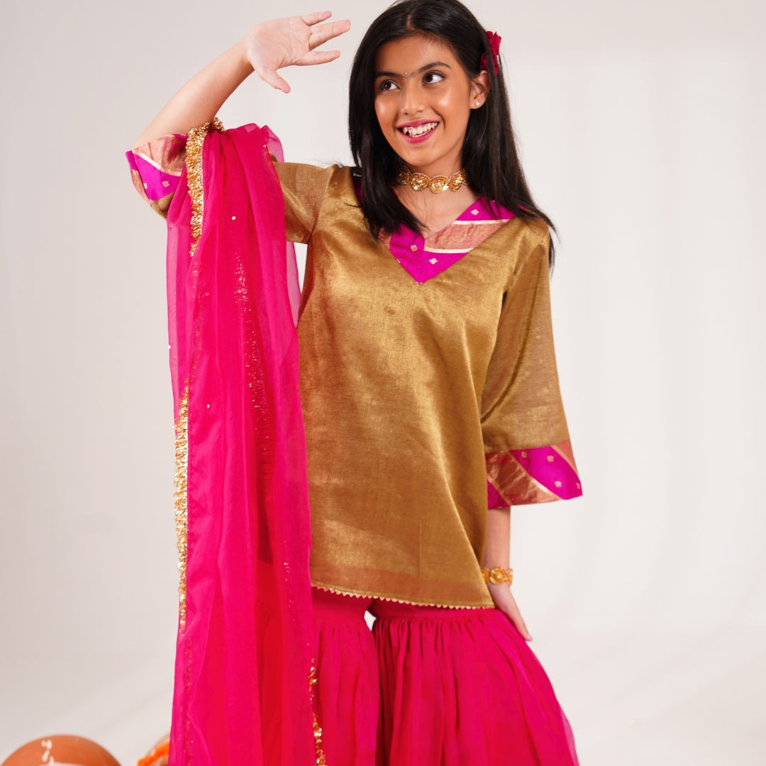 Handmade golden brocade patch kurti with organza dupatta kids festive wear India