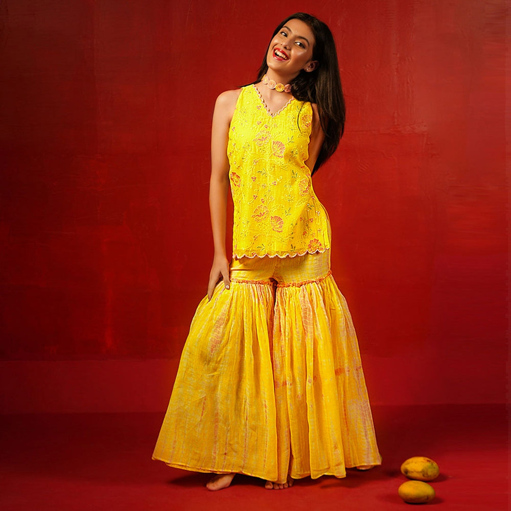 Designer yellow embroidery sharara set for girls Jaipur Navratri Garba