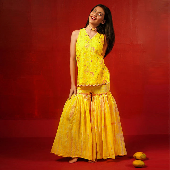Designer yellow embroidery sharara set for girls Jaipur Navratri Garba