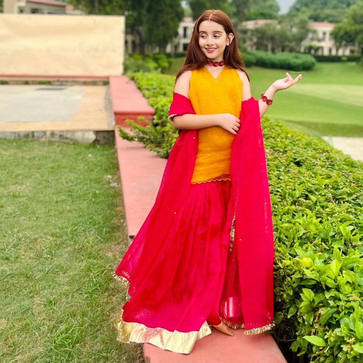 Designer ethnic sharara outfit for girls in yellow and pink, trending in Gurgaon and Hyderabad.