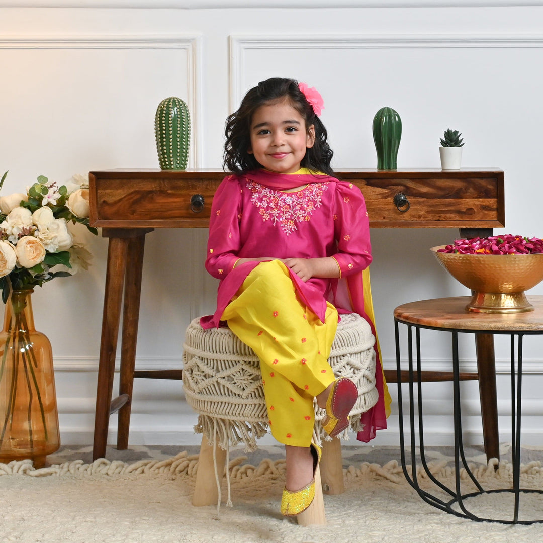 Elegant Pink and Yellow Chanderi Kurti Salwar Set with Dupatta, handcrafted design available in Singapore and Qatar.