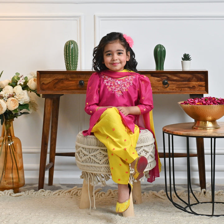 Elegant Pink and Yellow Chanderi Kurti Salwar Set with Dupatta, handcrafted design available in Singapore and Qatar.