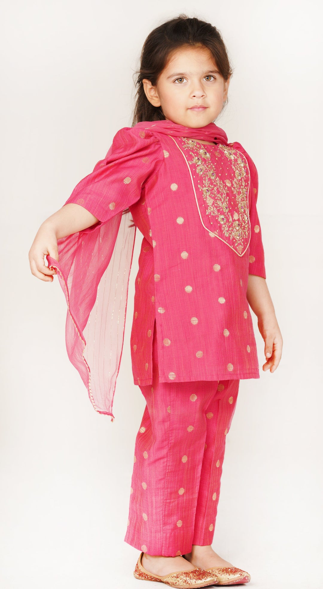 Fuschia pink polka dot salwar suit for girls for Indian wedding in South Delhi