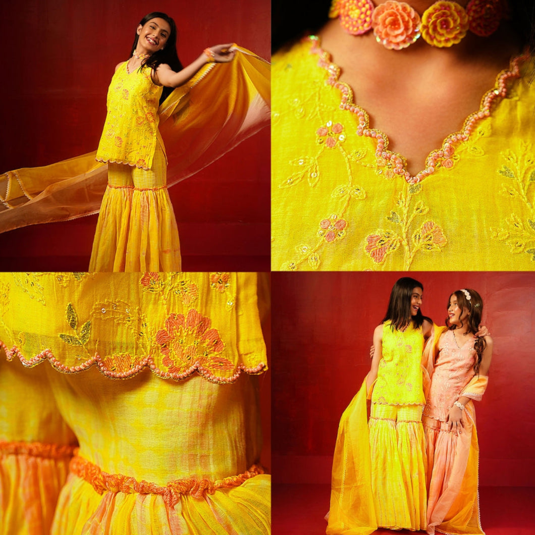 Chanderi tie-dye sharara with kurti for girls festive wear in Bangalore