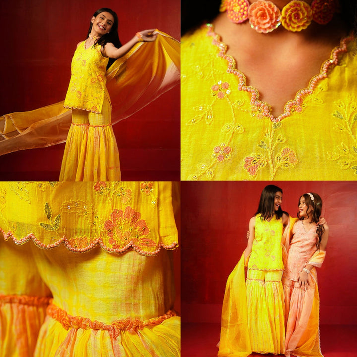 Chanderi tie-dye sharara with kurti for girls festive wear in Bangalore