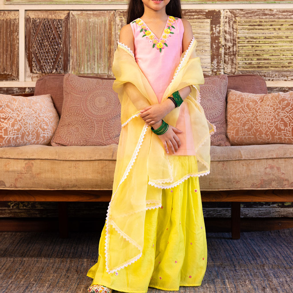 Artisan crafted sharara Navratri festival girls luxury golden handwork outfit Gurgaon