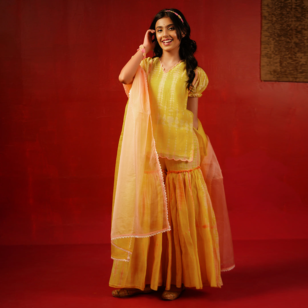 Posh kids festive outfit yellow chanderi sharara set with organza dupatta
