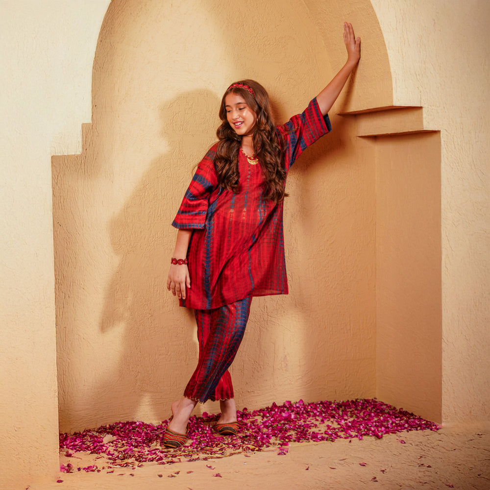 Navratri kids ethnic kaftan suit in deep maroon indigo Chanderi with zari hand embroidery