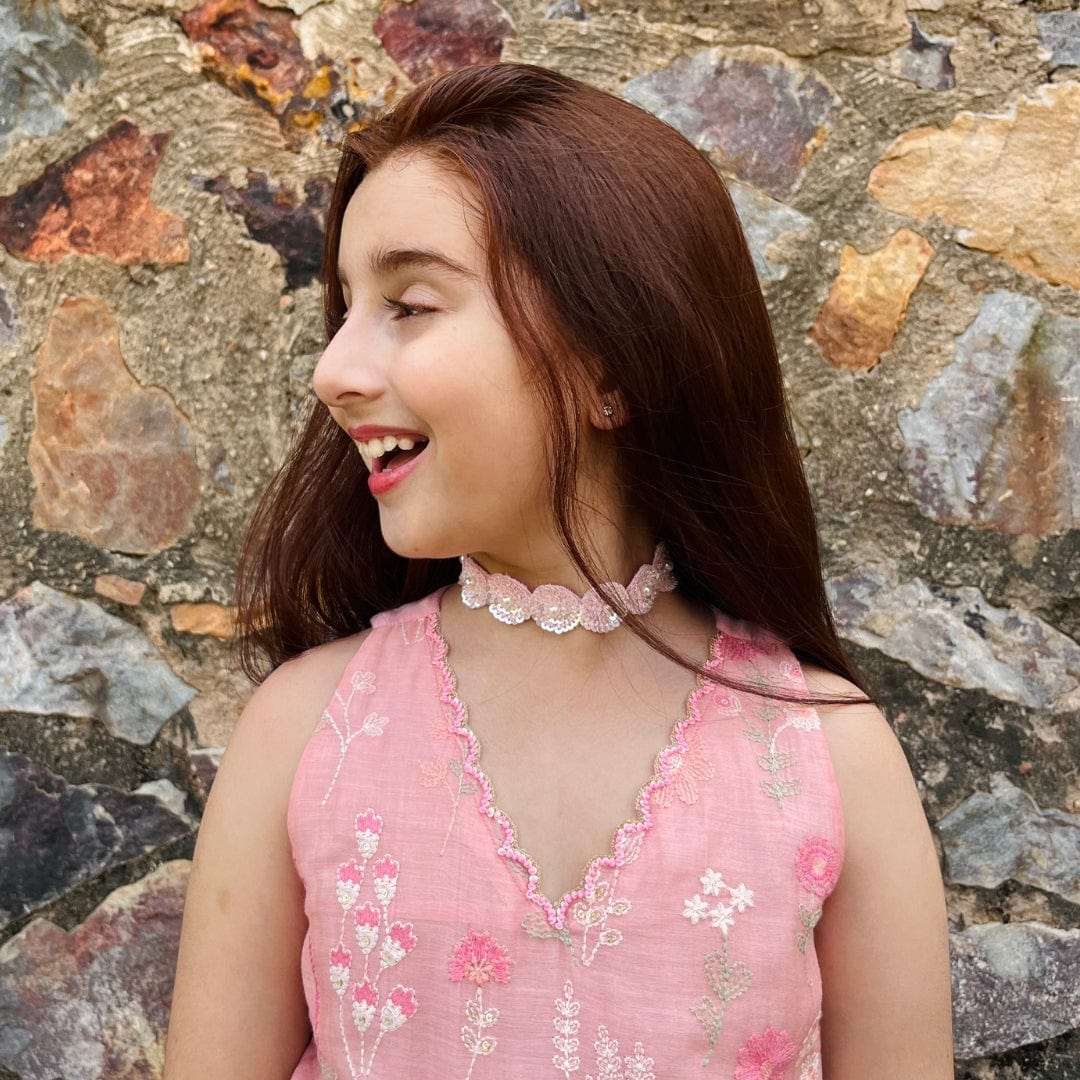 Adjustable pink sequin choker necklace in Hyderabad, handmade by artisans for weddings, sangeet, and festive occasions.
