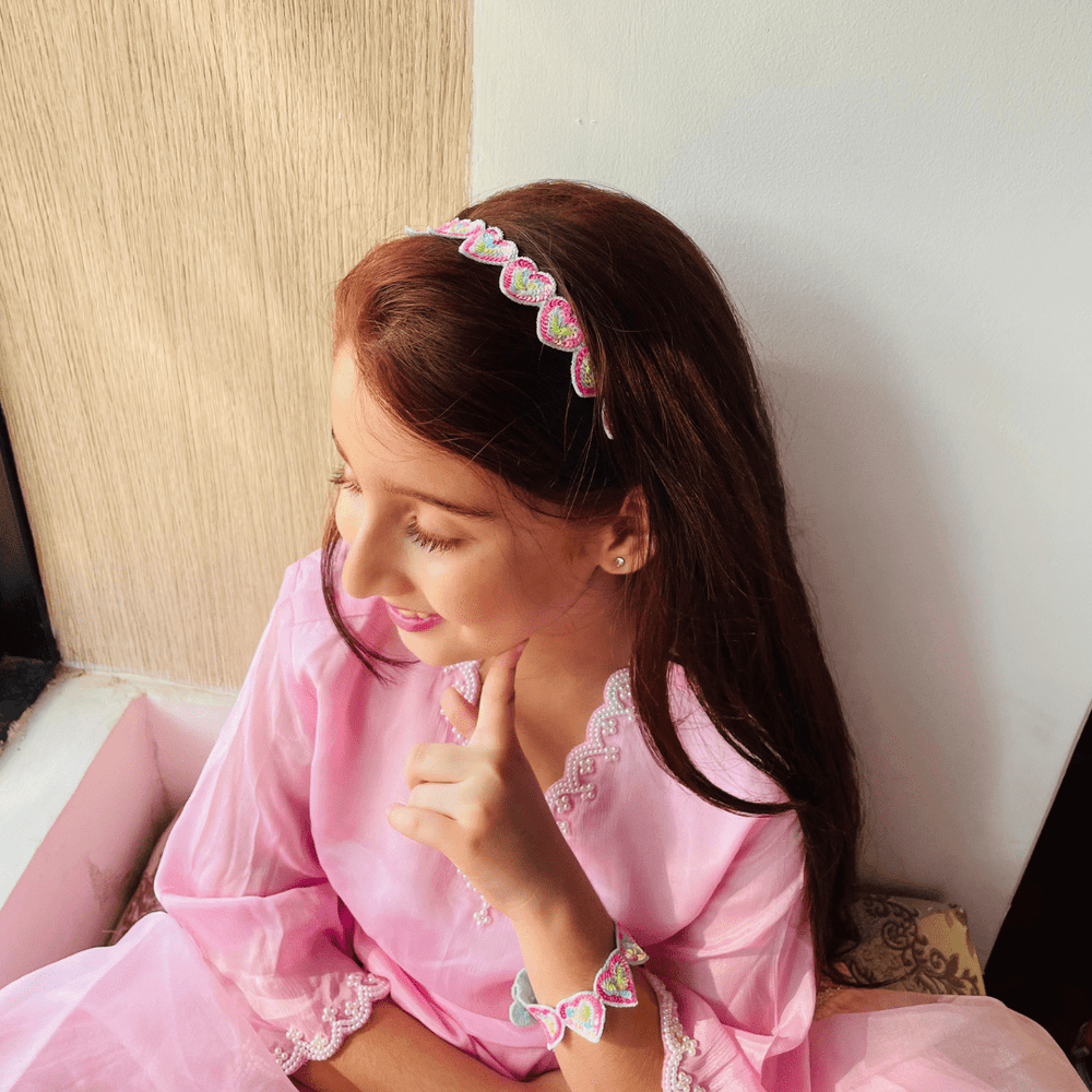 No-itch rainbow heart headpiece for girls, matches ethnic outfits and colorful lehenga choli sets.
