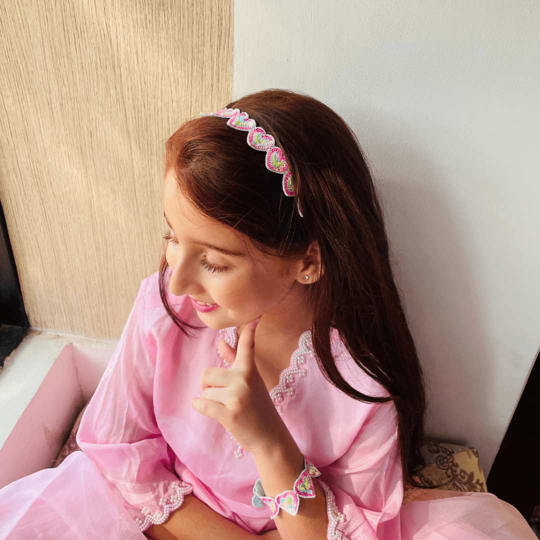 No-itch rainbow heart headpiece for girls, matches ethnic outfits and colorful lehenga choli sets.