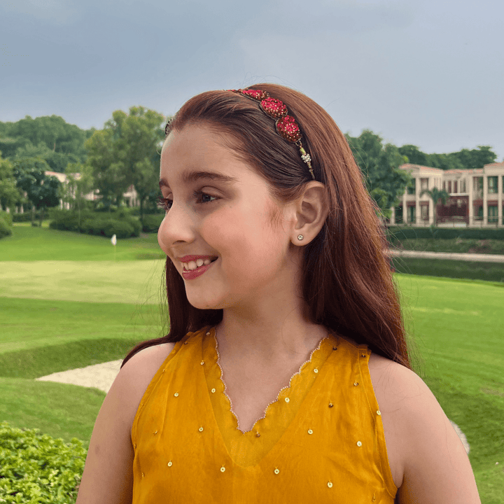 Handmade red sequin head accessory for girls, sparkling festive wear for Diwali and weddings in South Delhi.