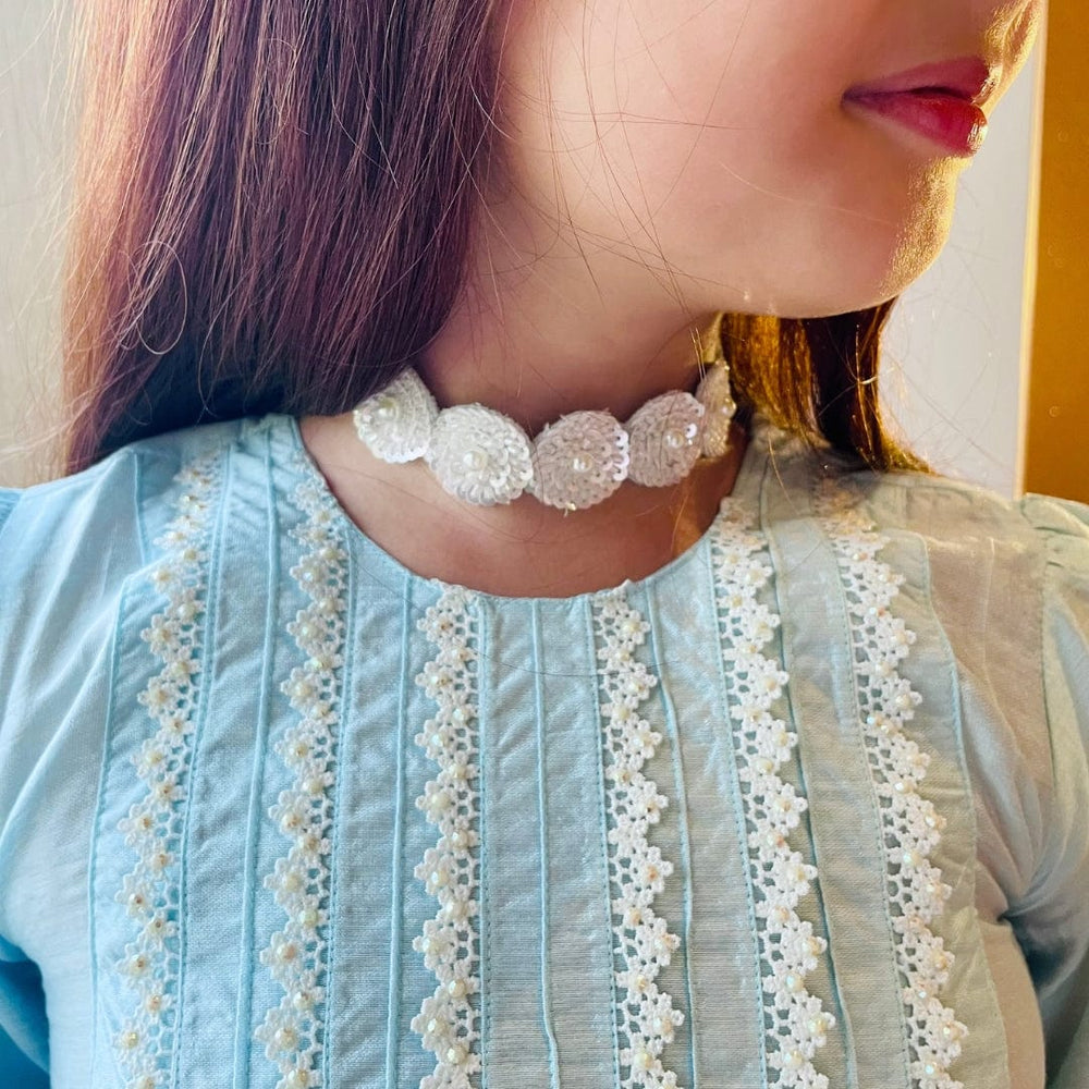Luxury handmade sky blue and white choker, adjustable with dori, ideal for Diwali and wedding events.