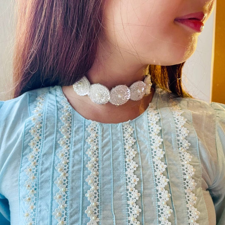 Luxury handmade sky blue and white choker, adjustable with dori, ideal for Diwali and wedding events.