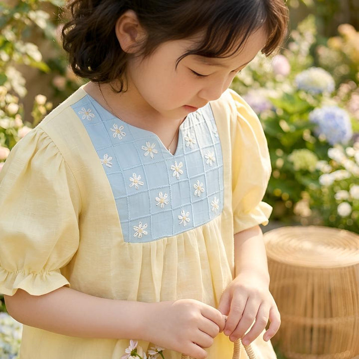 Chic yellow flower embroidered top for girls summer styling