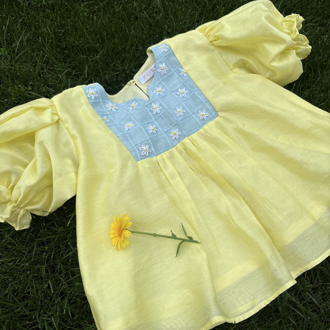 Girls yellow two piece set with floral embroidery travel outfit